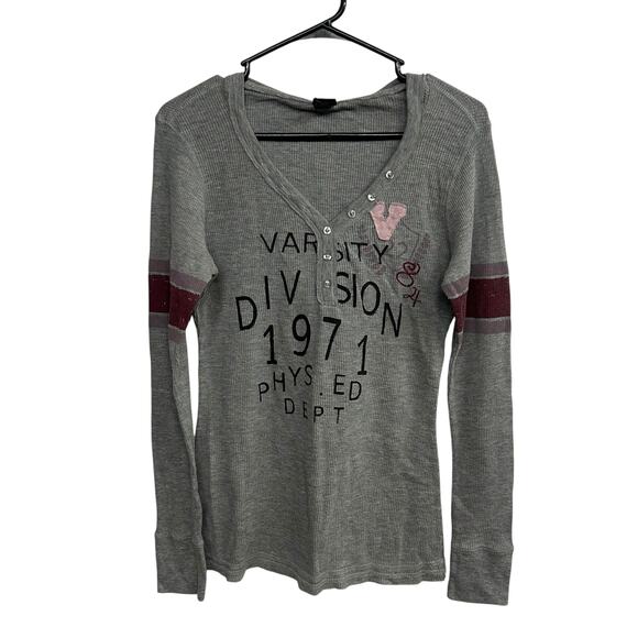 Y2K Varsity Waffle Knit Hoodie Top Vanity Gray Grunge Size L - Picture 1 of 6